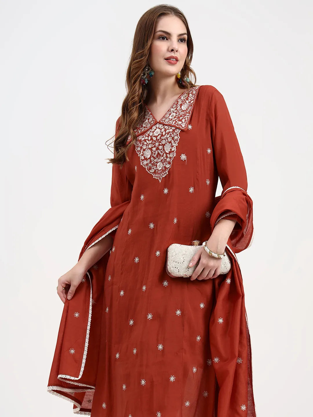 Rust Mul Chanderi Thread Work Sequins Work A-Line Kurta Trouser Dupatta Set