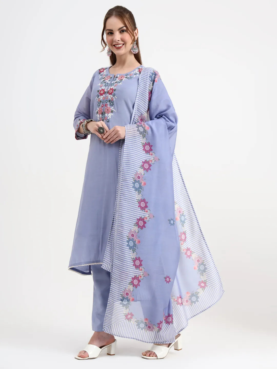 Mul Chanderi Blue Kurta Dupatta Pant Set
