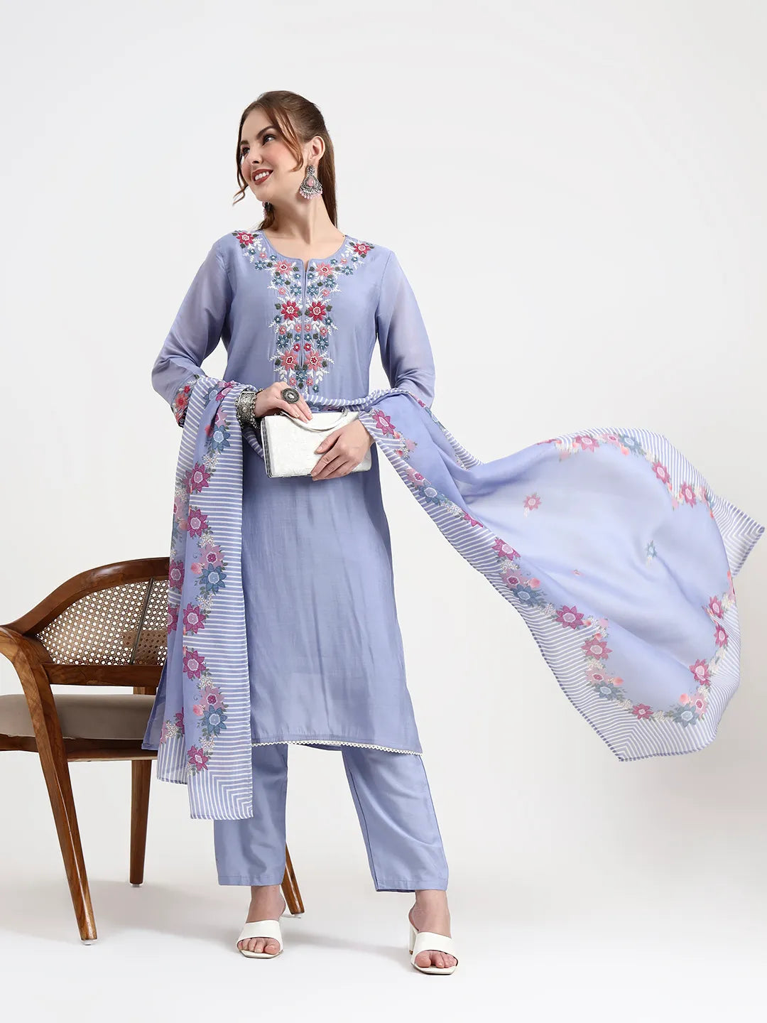 Mul Chanderi Blue Kurta Dupatta Pant Set