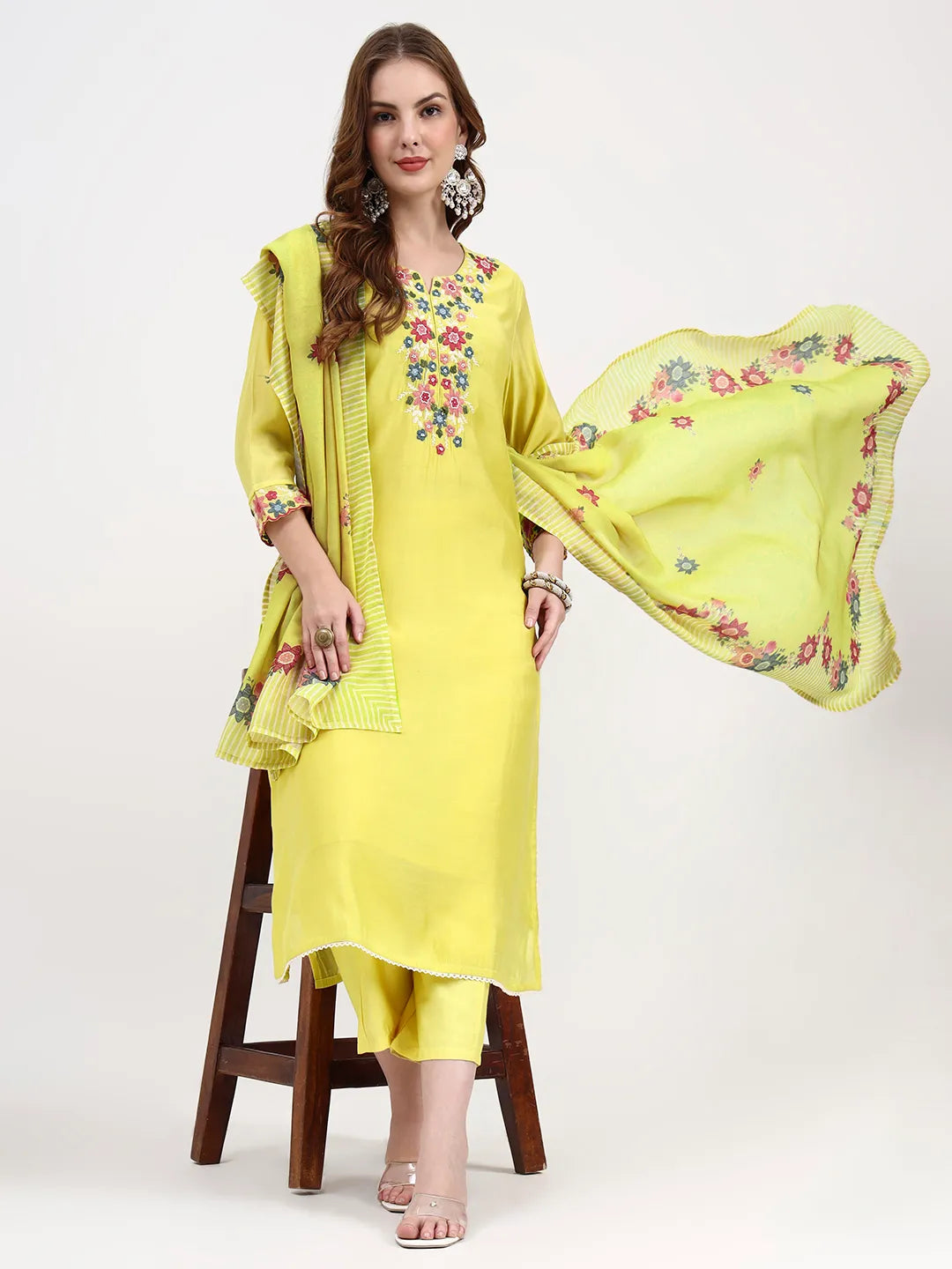 Mul Chanderi Lemon Yellow Kurta Dupatta Pant Set