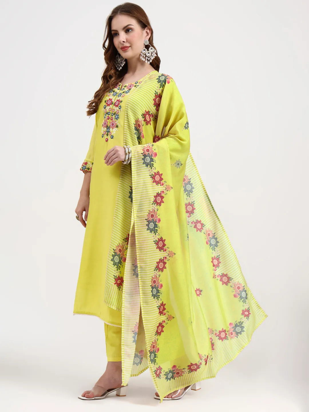 Mul Chanderi Lemon Yellow Kurta Dupatta Pant Set