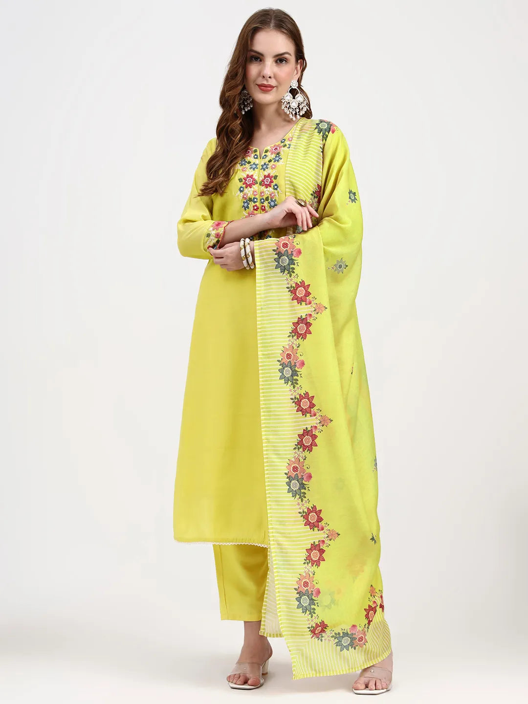 Mul Chanderi Lemon Yellow Kurta Dupatta Pant Set