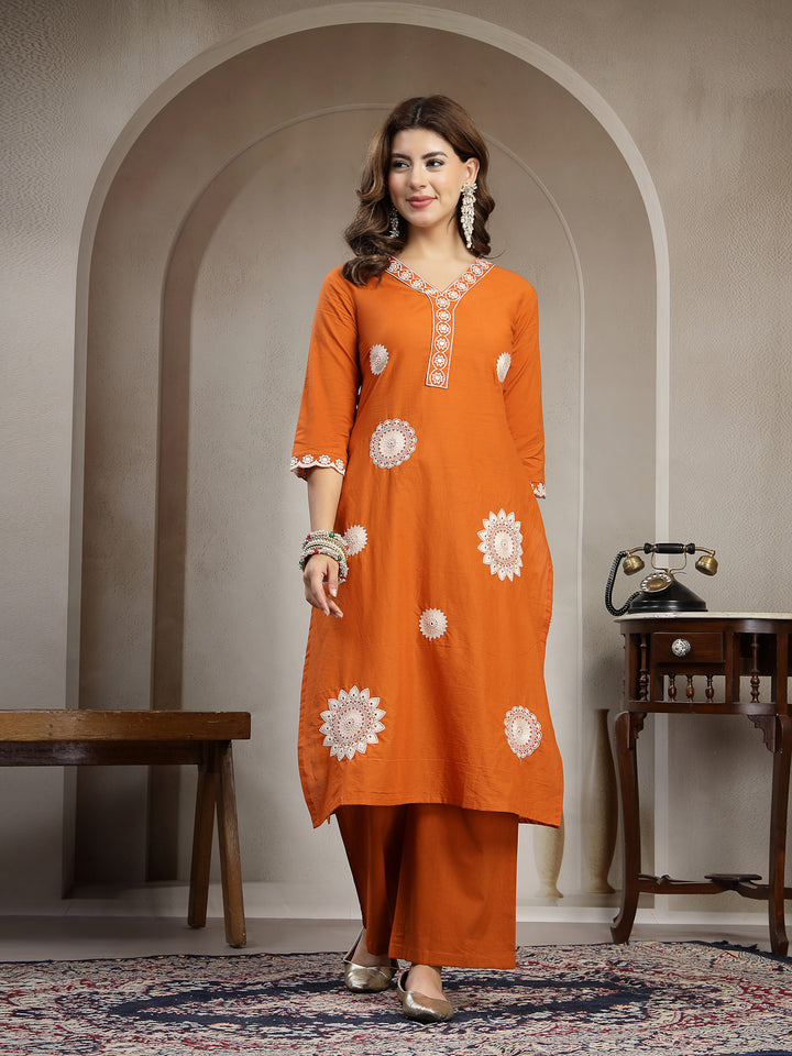 Straight Solid Cotton V-Neck Kurta Set With Dupatta
