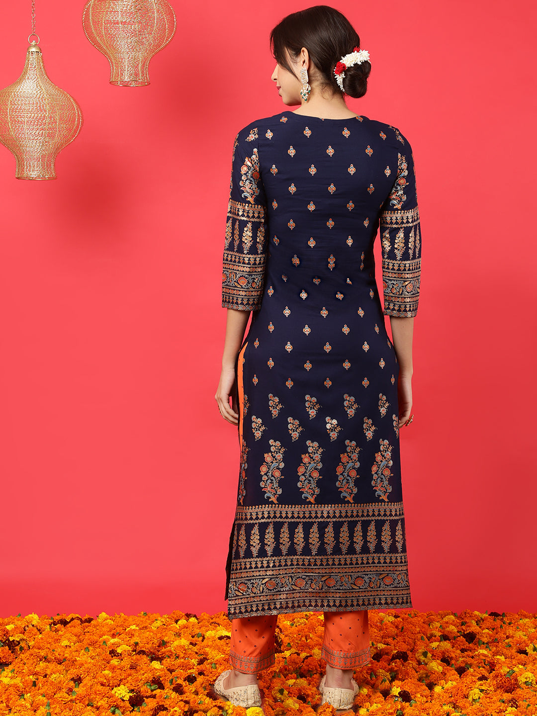 Rayon  Calf Length Printed Straight 3/4 Sleeves Round Kurta Bottom Dupatta Set