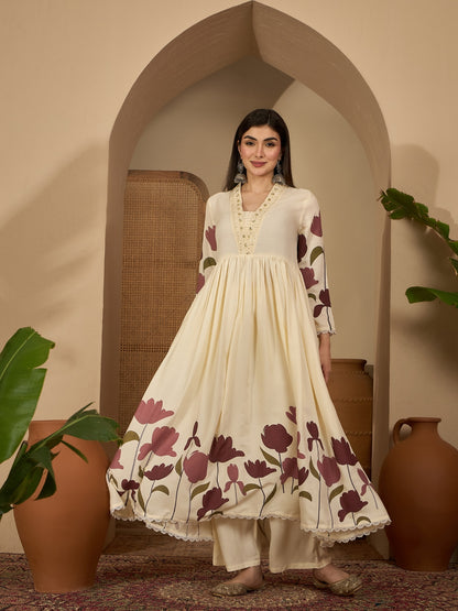 Floral Printed Rayon Flared Kurta Palazzo Dupatta Set