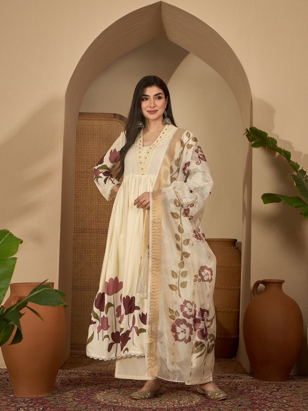 Floral Printed Rayon Flared Kurta Palazzo Dupatta Set