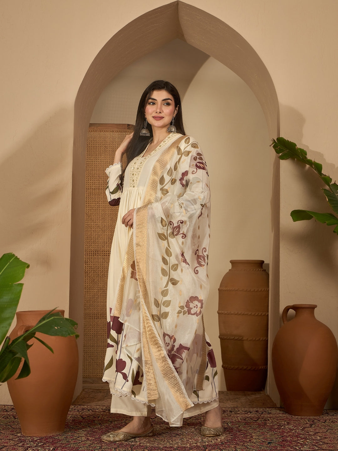 Floral Printed Rayon Flared Kurta Palazzo Dupatta Set
