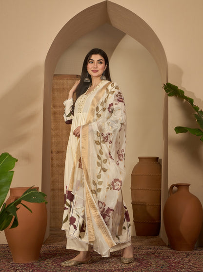 Floral Printed Rayon Flared Kurta Palazzo Dupatta Set