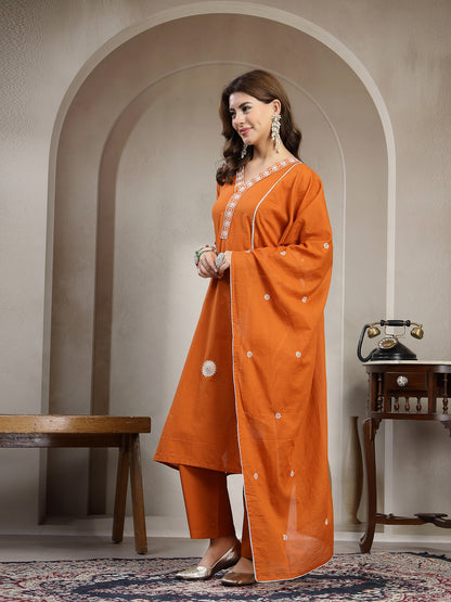 Straight Solid Cotton V-Neck Kurta Set With Dupatta