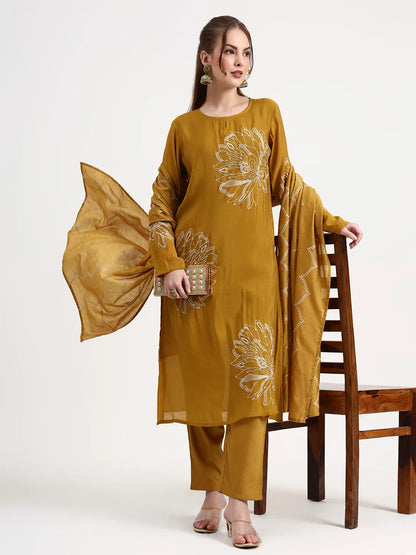 Mul Chanderi Mustard Kurta Dupatta Pant Set