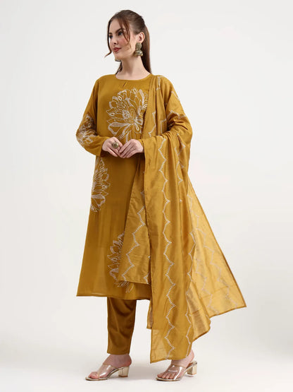 Mul Chanderi Mustard Kurta Dupatta Pant Set