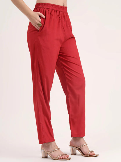 Mul Chanderi Red Kurta Dupatta Pant Set