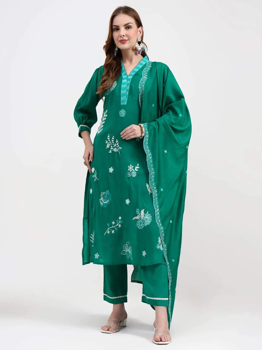 Women's Green Silk Blend Green Mul Chanderi Thread Work Sequins Work Straight Kurta Trouser Dupatta Set by Yufta, suitable for wholesale buyers, boutiques, retailers, resellers and bulk fashion orders from Trendphoria