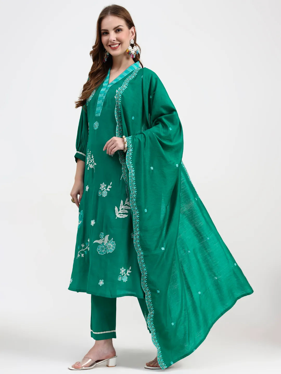 Green Mul Chanderi Thread Work Sequins Work Straight Kurta Trouser Dupatta Set