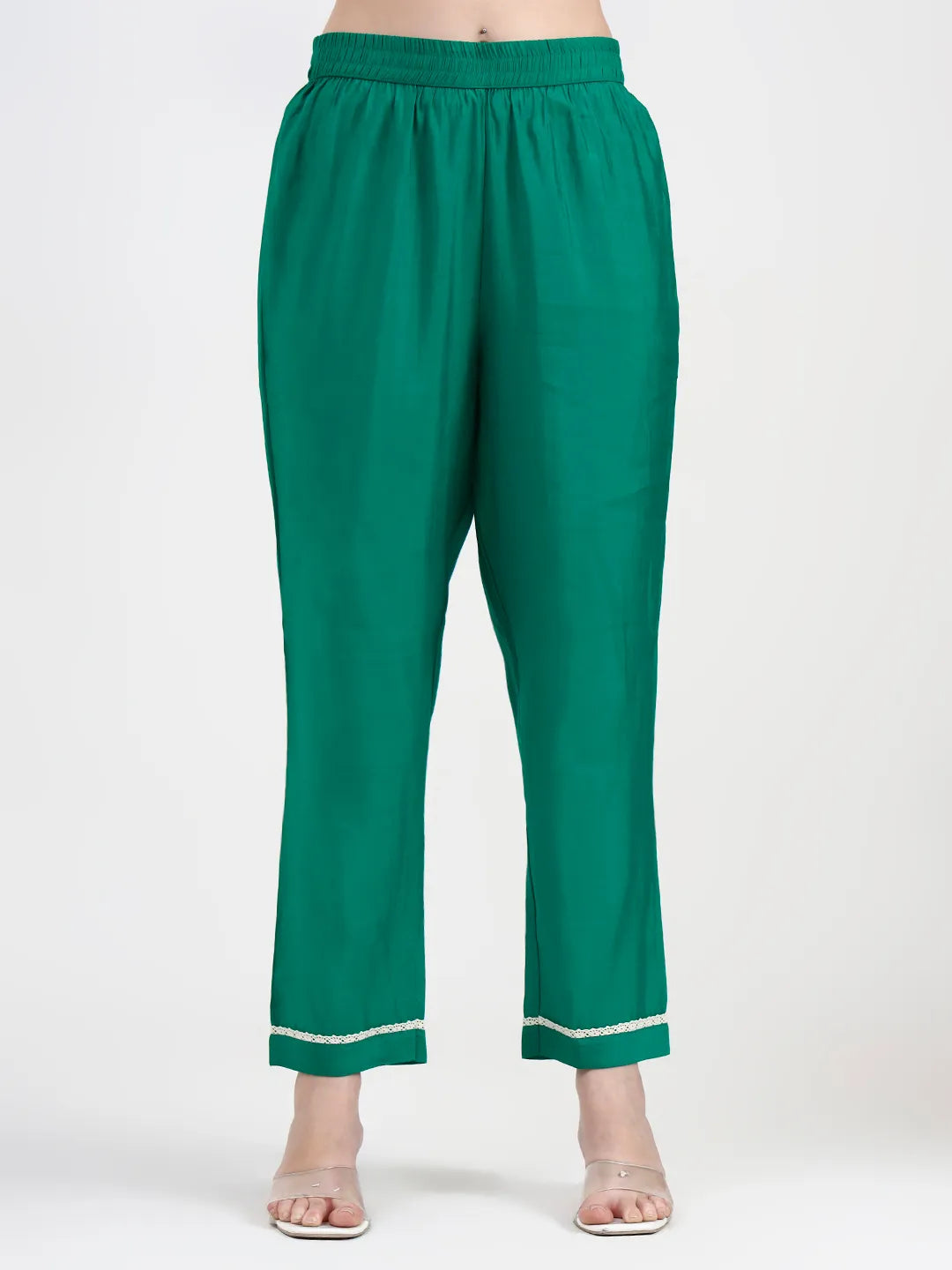 Green Mul Chanderi Thread Work Sequins Work Straight Kurta Trouser Dupatta Set