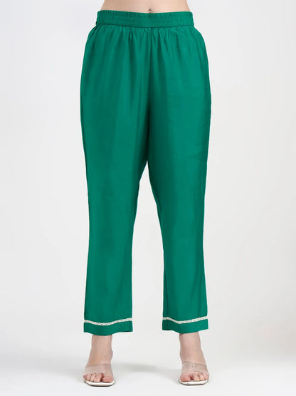 Green Mul Chanderi Thread Work Sequins Work Straight Kurta Trouser Dupatta Set