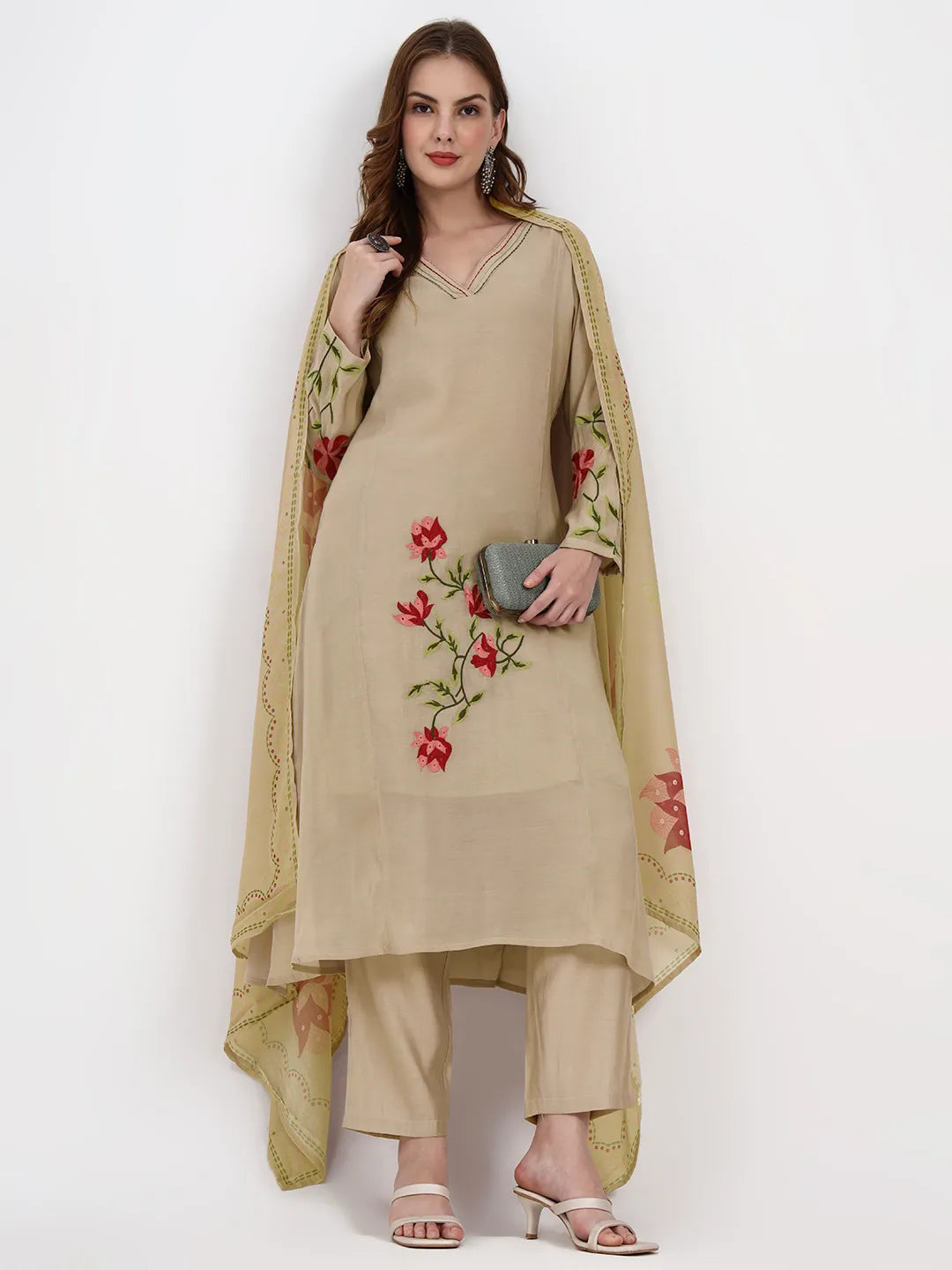 Mul Chanderi Beige Kurta Dupatta Pant Set