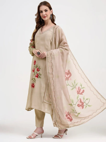 Mul Chanderi Beige Kurta Dupatta Pant Set