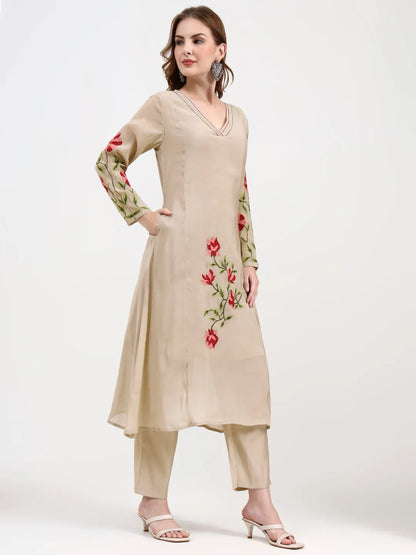 Mul Chanderi Beige Kurta Dupatta Pant Set