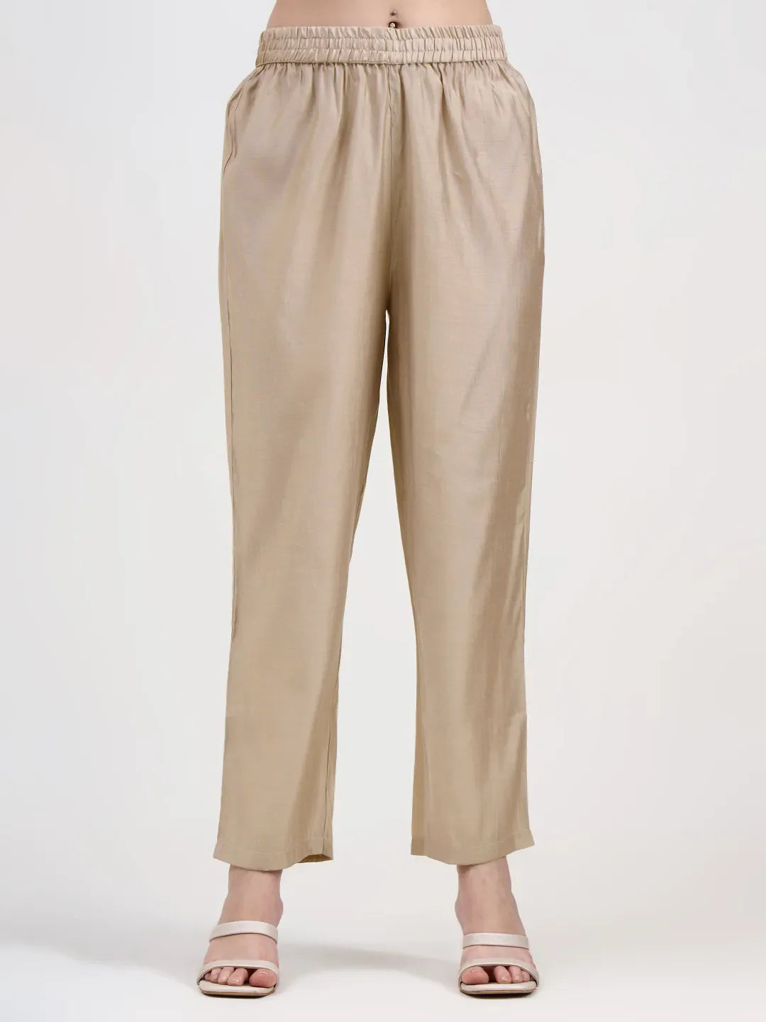 Mul Chanderi Beige Kurta Dupatta Pant Set