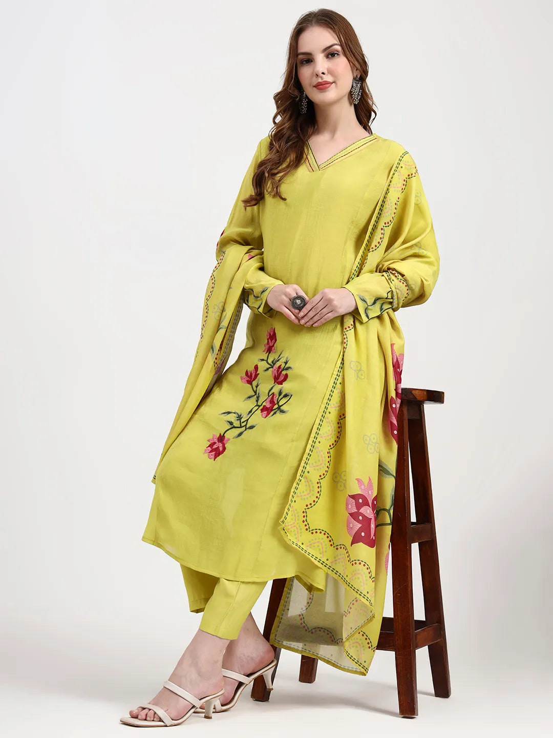 Mul Chanderi Lemon Yellow Kurta Dupatta Pant Set