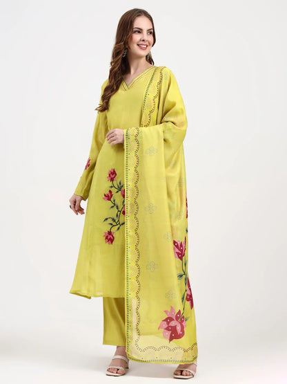 Mul Chanderi Lemon Yellow Kurta Dupatta Pant Set