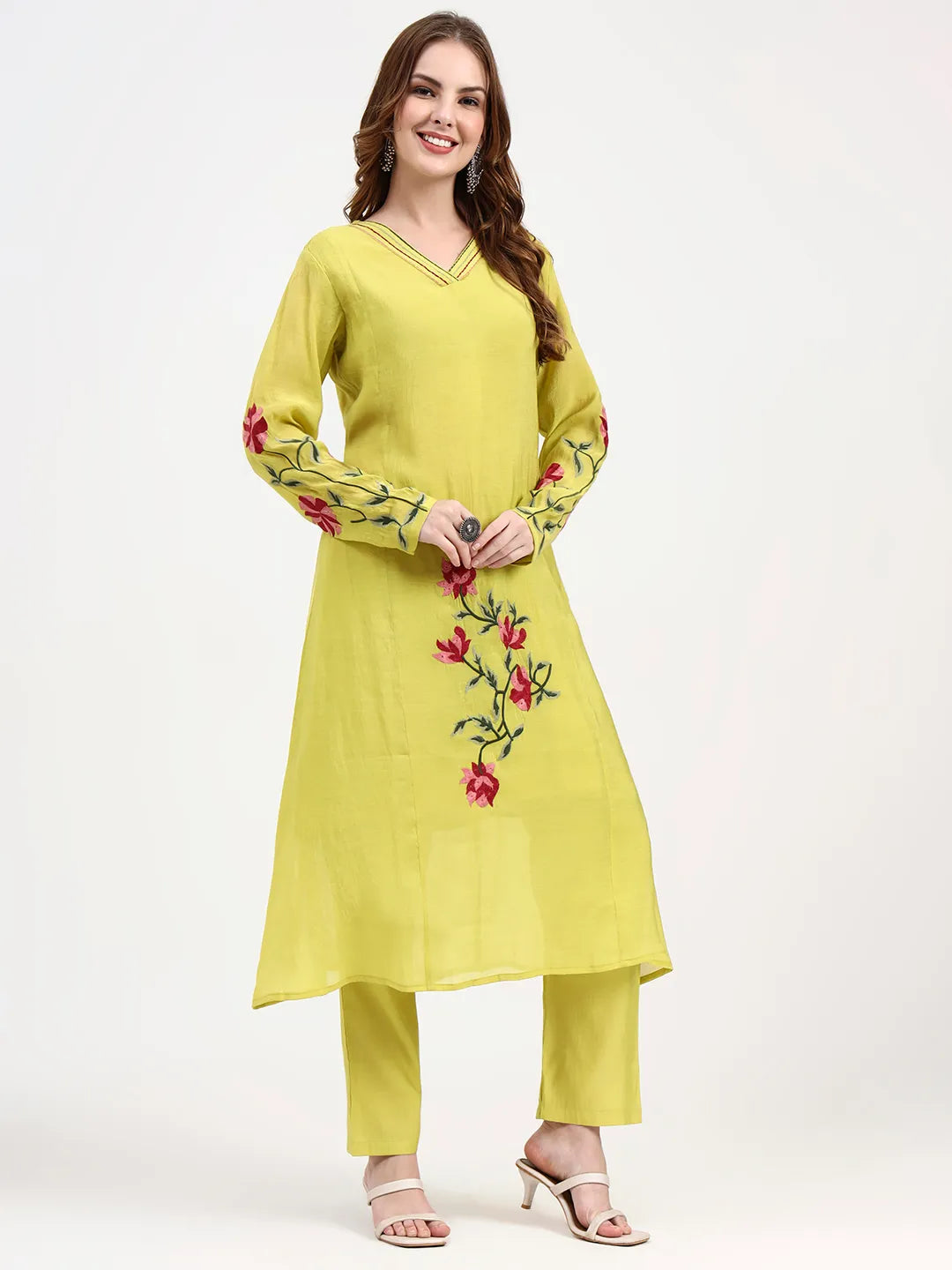 Mul Chanderi Lemon Yellow Kurta Dupatta Pant Set