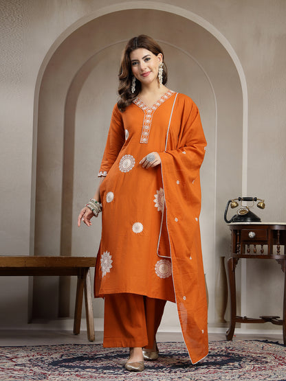 Straight Solid Cotton V-Neck Kurta Set With Dupatta