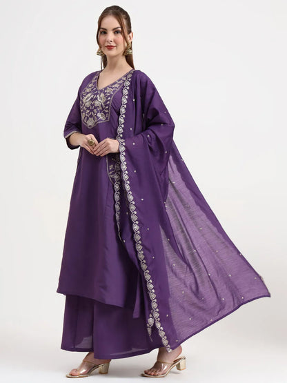 Roman Silk Purple Kurta Dupatta Palazzo Set