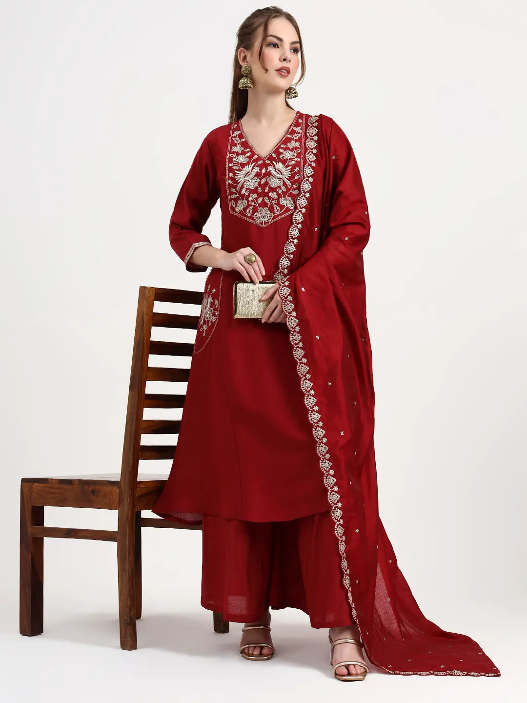 Women's Maroon Silk Blend Roman Silk Maroon Kurta Dupatta Palazzo Set by Yufta, suitable for wholesale buyers, boutiques, retailers, resellers and bulk fashion orders from Trendphoria