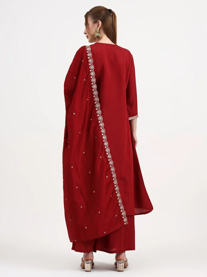 Roman Silk Maroon Kurta Dupatta Palazzo Set