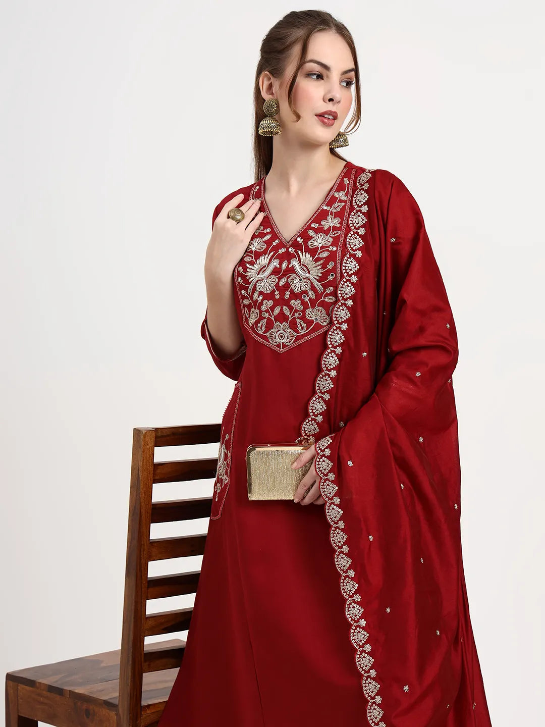 Roman Silk Maroon Kurta Dupatta Palazzo Set