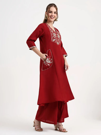 Roman Silk Maroon Kurta Dupatta Palazzo Set