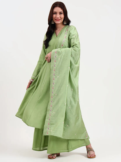 Green Solid Roman Silk Anarkali Kurta Palazzo Dupatta Set