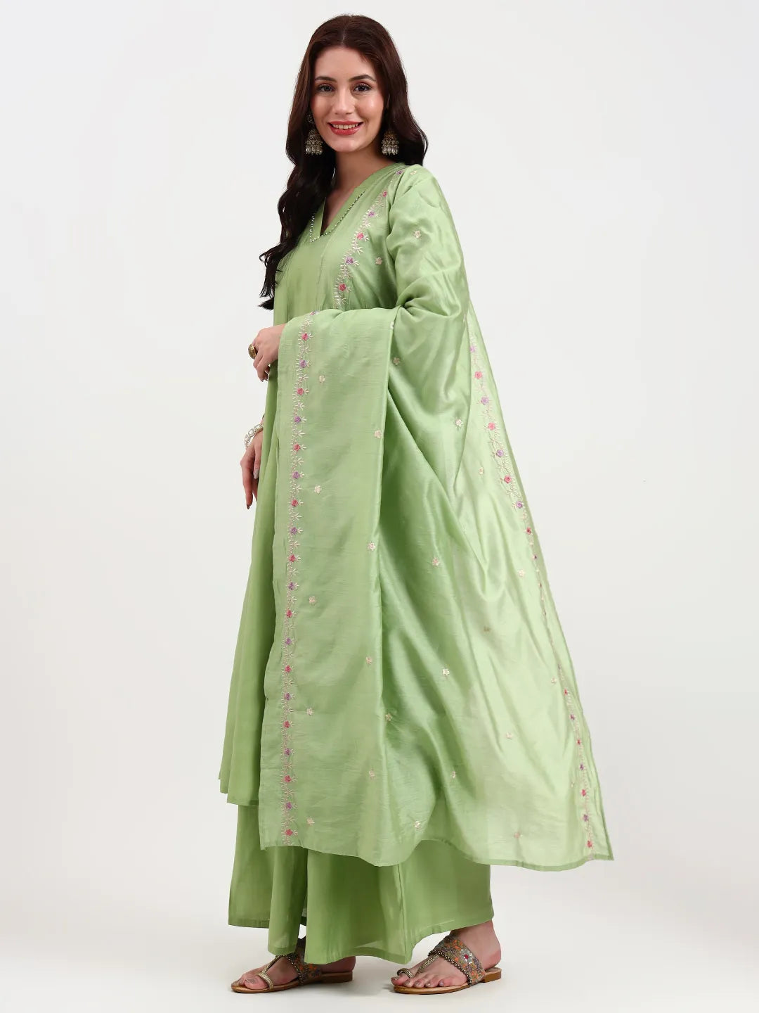 Green Solid Roman Silk Anarkali Kurta Palazzo Dupatta Set