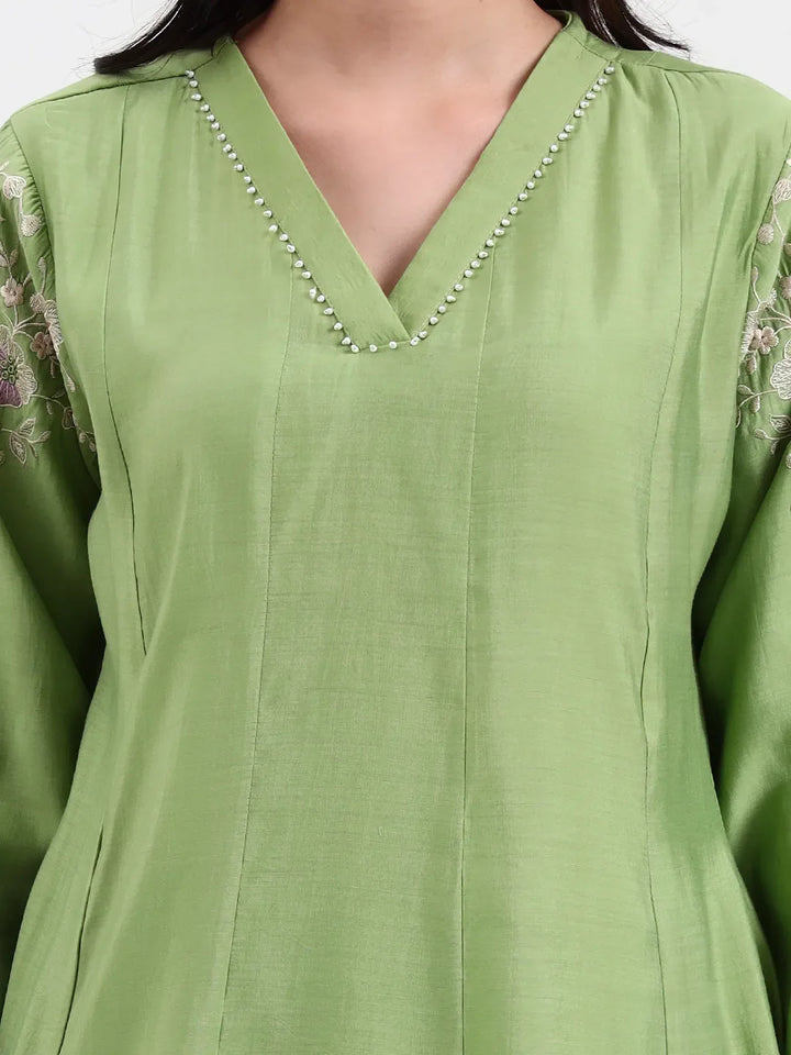 Green Solid Roman Silk Anarkali Kurta Palazzo Dupatta Set