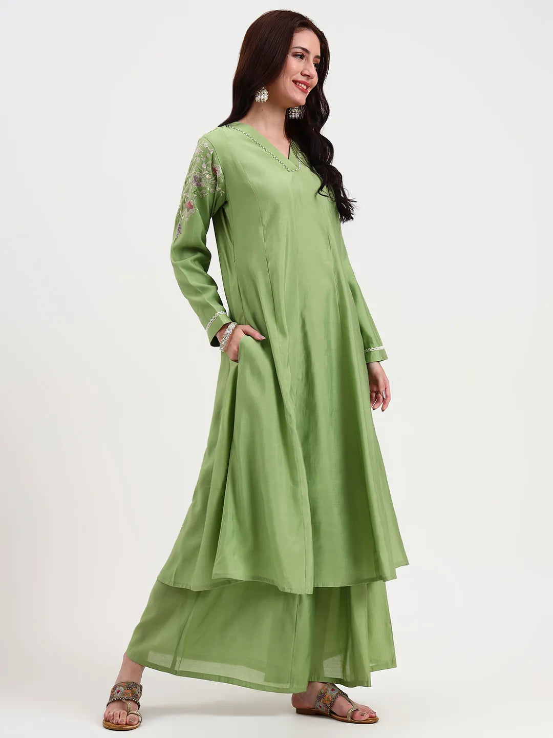 Green Solid Roman Silk Anarkali Kurta Palazzo Dupatta Set