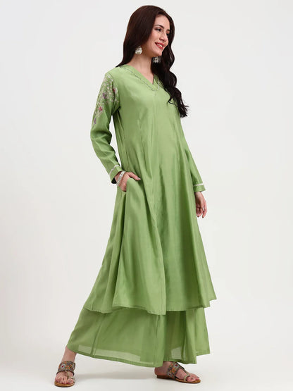 Green Solid Roman Silk Anarkali Kurta Palazzo Dupatta Set
