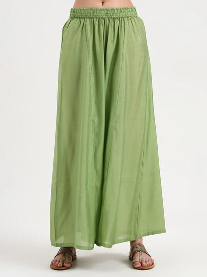 Green Solid Roman Silk Anarkali Kurta Palazzo Dupatta Set