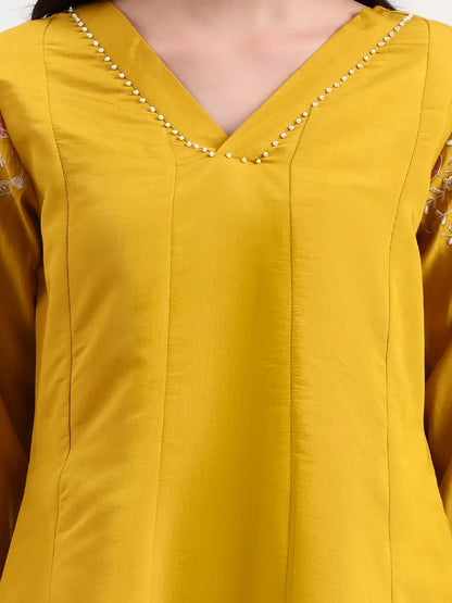 Mustard Solid Roman Silk Anarkali Kurta Palazzo Dupatta Set