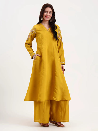 Mustard Solid Roman Silk Anarkali Kurta Palazzo Dupatta Set