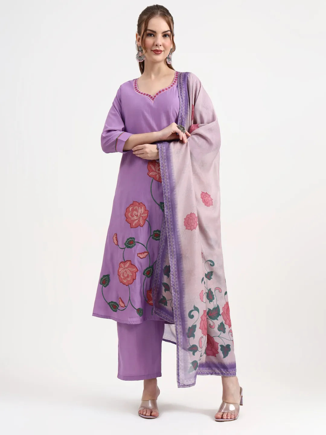 Women's Lavender Silk Blend Roman Silk Lavender Kurta Dupatta Pant Set by Yufta, suitable for wholesale buyers, boutiques, retailers, resellers and bulk fashion orders from Trendphoria