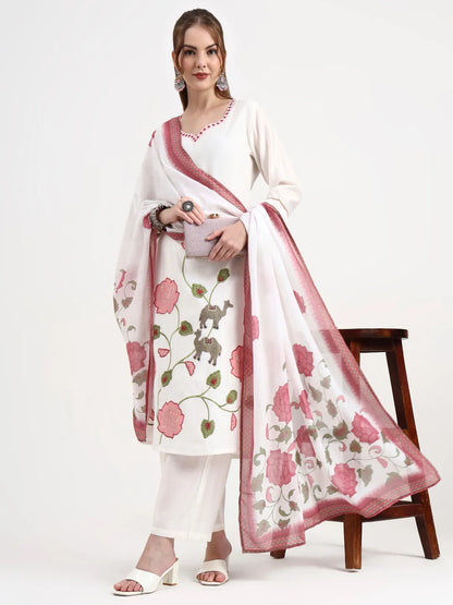 Roman Silk White Kurta Dupatta Pant Set