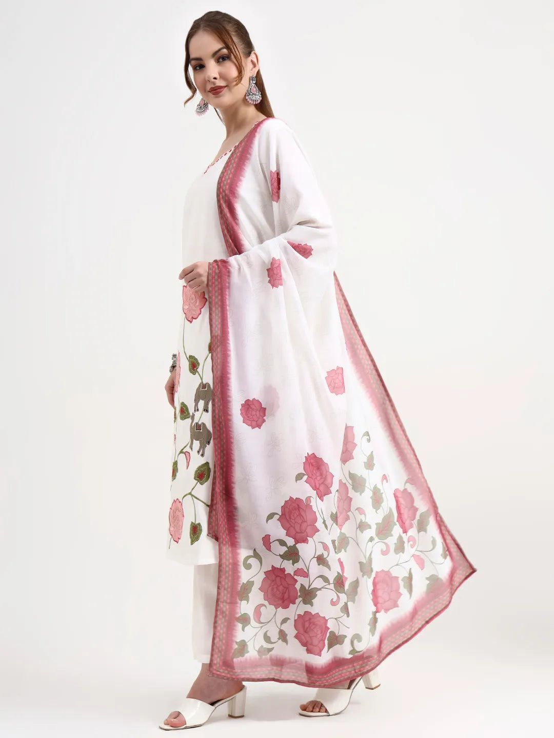 Roman Silk White Kurta Dupatta Pant Set