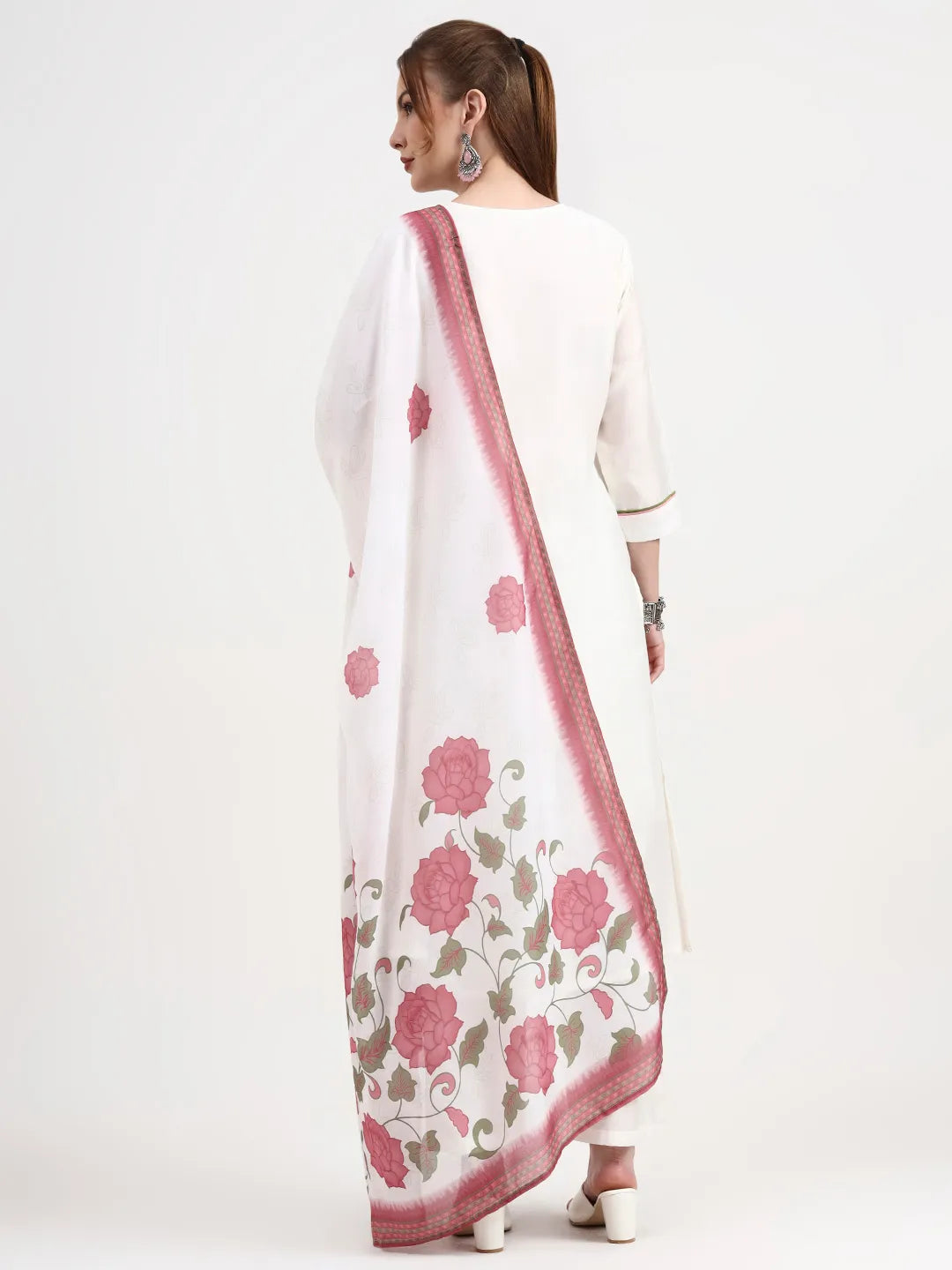 Roman Silk White Kurta Dupatta Pant Set