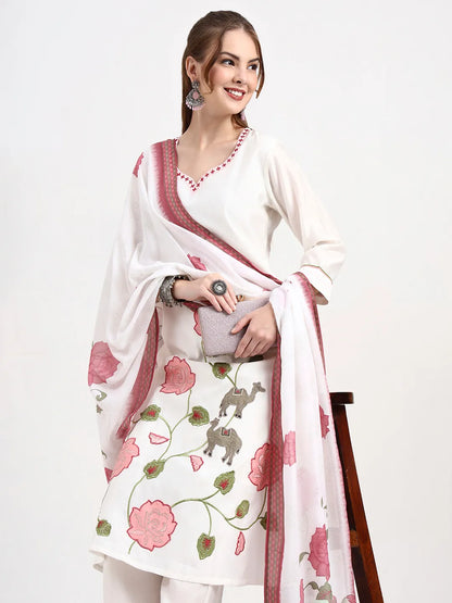 Roman Silk White Kurta Dupatta Pant Set