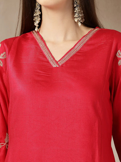 Pink Vatican Silk Dori Embroidery Mirror Work Kurta Trouser Dupatta Set