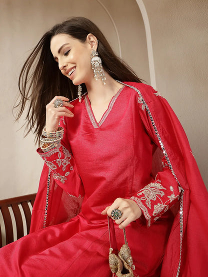 Pink Vatican Silk Dori Embroidery Mirror Work Kurta Trouser Dupatta Set