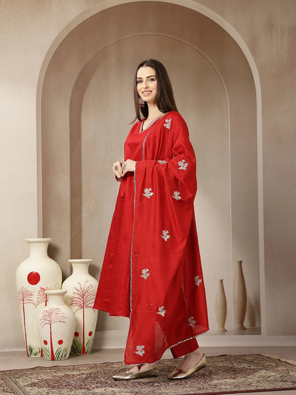 Red Vatican Silk Dori Embroidery Mirror Work Kurta Trouser Dupatta Set