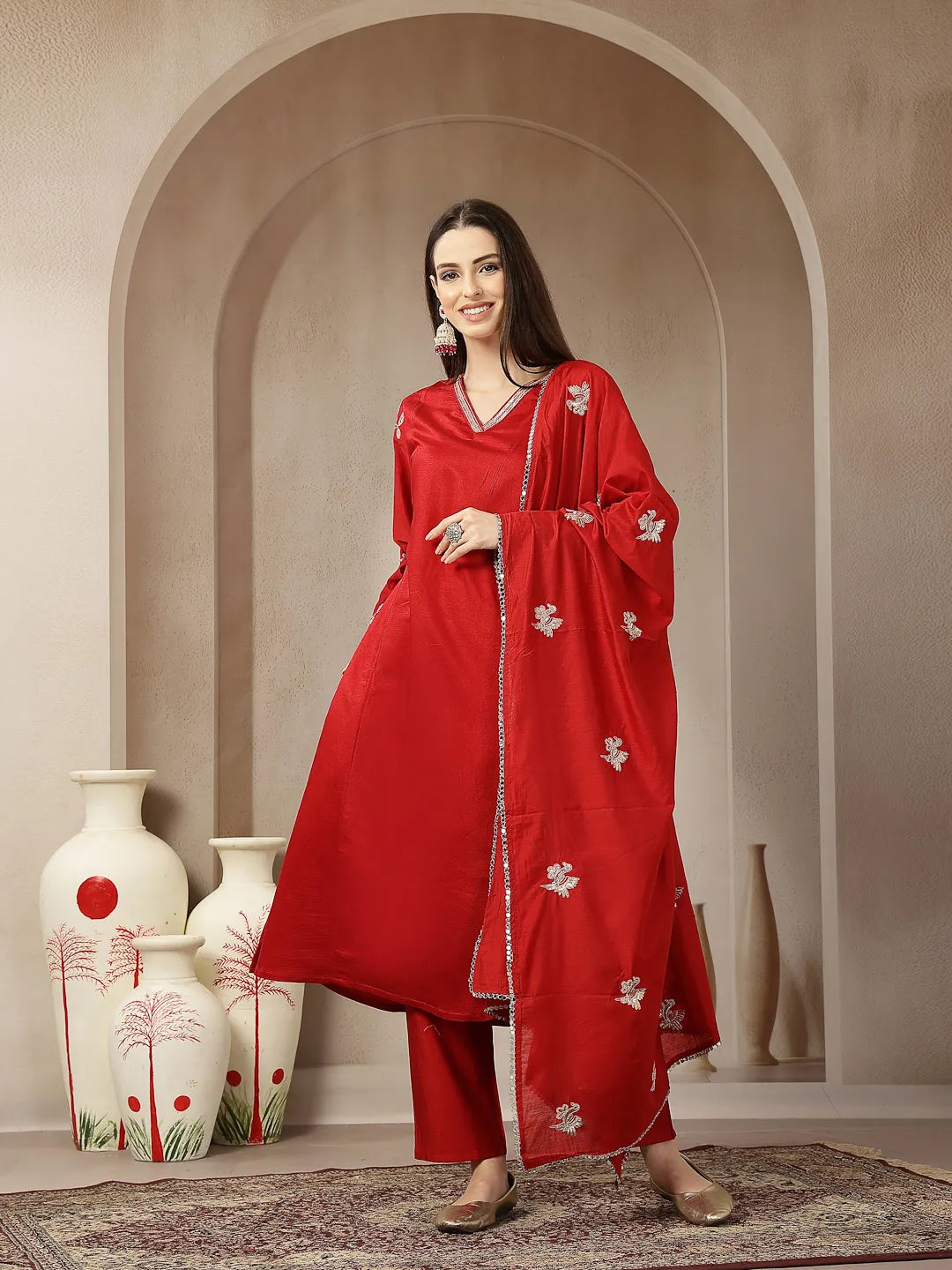 Red Vatican Silk Dori Embroidery Mirror Work Kurta Trouser Dupatta Set
